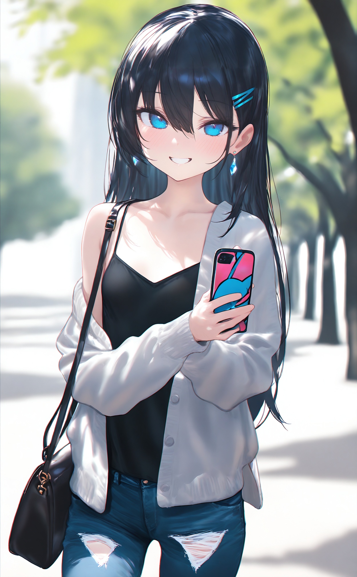 masterpiece,best quality,high quality,loli,chromatic_aberration,//,1girl,solo,phone,holding,long hair,smile,denim,cellphone,pants,bag,breasts,holding phone,jeans,camisole,black camisole,smartphone,blue eyes,hair ornament,black hair,torn pants,collarbone,torn clothes,tree,outdoors,jewelry,hairclip,earrings,long sleeves,torn jeans,cardigan,cowboy shot,off shoulder,looking at viewer,blush,spaghetti strap,grin,hair between eyes,open cardigan,open clothes,sweater,handbag,single bare shoulder,shoulder bag,shirt,//,<lora:MAQ1109——【noob】hans:1>,