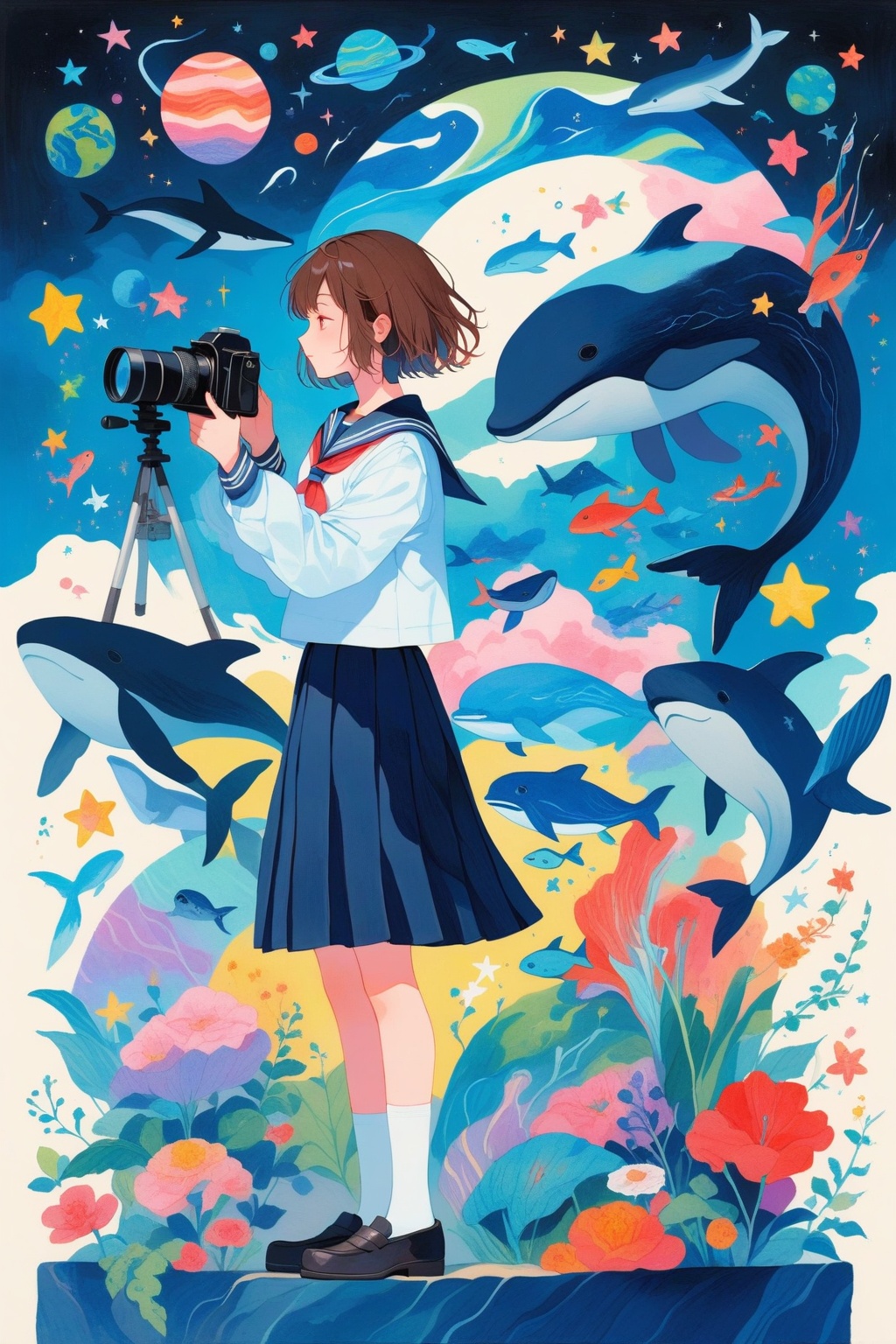 colorful,pastel,acrylic gouache,thick impasto painting,1girl,solo,short hair,skirt,brown hair,shirt,long sleeves,white background,holding,school uniform,standing,white shirt,pleated skirt,shoes,serafuku,socks,cloud,black skirt,sailor collar,star \(symbol\),black footwear,from side,profile,loafers,star \(sky\),fish,blue theme,camera,planet,surreal,whale,telescope