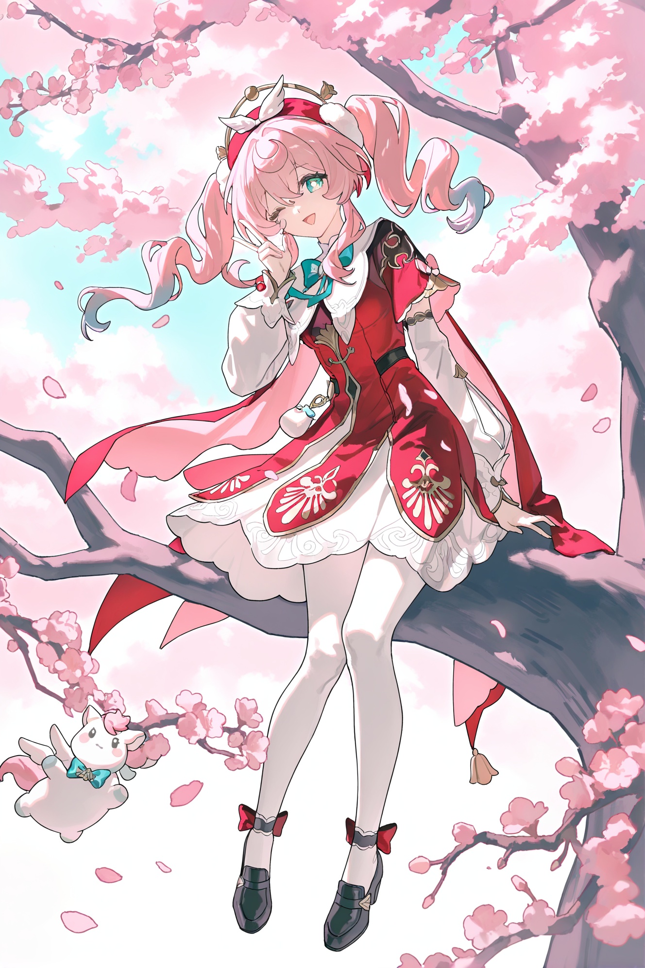 hyacine \(honkai: star rail\),akengihci,crisp,gwwj,fonnjinn\(honkai:star rail\), 1girl, solo, pink hair, white pantyhose, one eye closed, pantyhose, dress, twintails, tree, looking at viewer, full body, red dress, shoes, cherry blossoms, bow