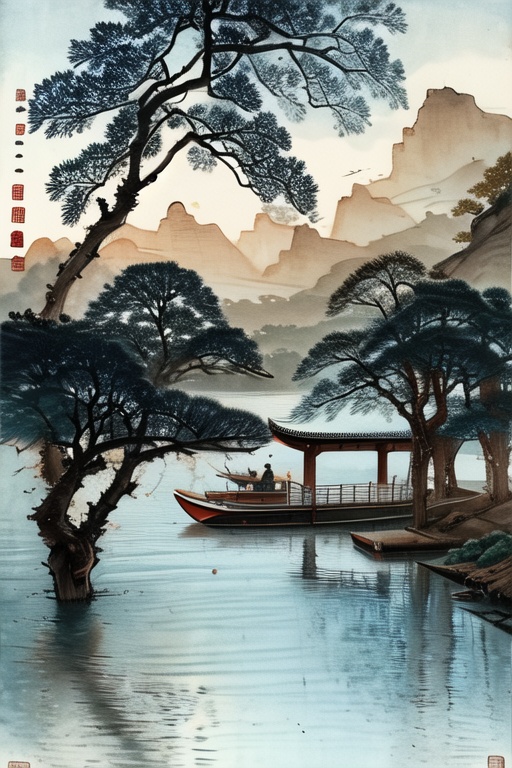 Jianghu sentiment, Landscape Ink Painting, 1boy, outdoors, sky, water, from behind, tree, night, scenery, branch, watercraft, bare tree, boat