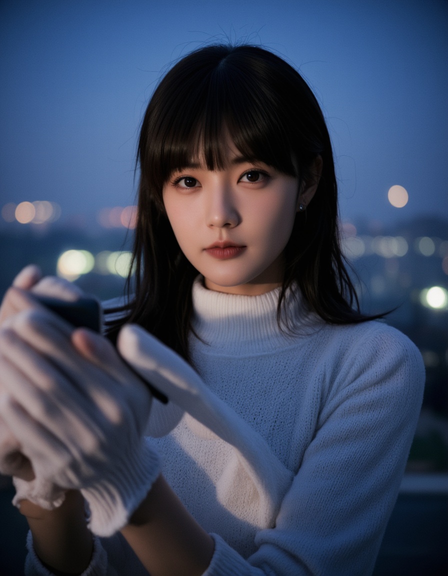 The image is a portrait of a young woman with long dark hair and bangs. She is standing on a rooftop with a city skyline in the background. The woman is wearing a white turtleneck sweater and white gloves on her hands. She has a serious expression on her face and is looking directly at the camera. The lights in the city are blurred, creating a bokeh effect. The overall mood of the image is dark and mysterious. <lora:李一桐flux-lora-000005:1>,