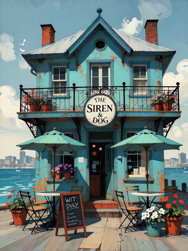 Bradhamel art style. A charming seaside café with a weathered,  two-story turquoise-blue building featuring ornate gabled...