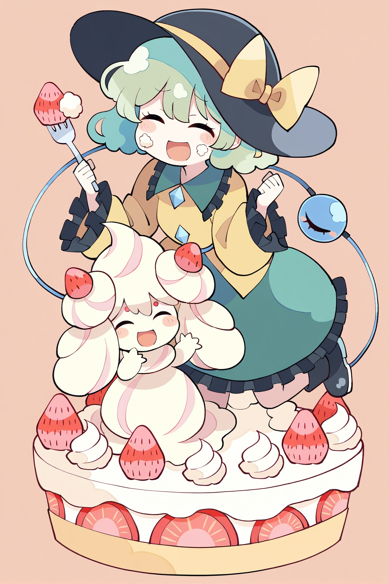 loli,(masterpiece,best quality,highres,absurdres,best quality,amazing quality,very aesthetic,absurdres),alcremie, strawberry, food, komeiji koishi, fruit, hat, closed eyes, yellow shirt, green hair, skirt, open mouth, shirt, third eye, long sleeves, holding, fork, smile, pokemon (creature), frills, green skirt, cake, black headwear, holding fork, yellow bow, hat bow, simple background, food on face, bow, cream, frilled sleeves, wide sleeves, happy, :d, yellow ribbon, 2girls, frilled shirt collar, black footwear, buttons, blush stickers, blush, ^_^, multiple girls, ribbon, hat ribbon, brown background, medium hair, diamond button, short hair, frilled skirt, collared shirt, 1girl