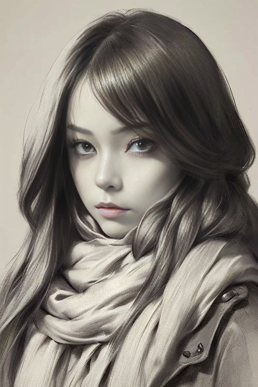 Colorful lead painting style,sketching style,a long haired woman with a scarf around her neck and a serious expression on her face,looking to one side and drawing with a pencil,masterpiece,best quality,<lora:smmx-000006:0.8>,