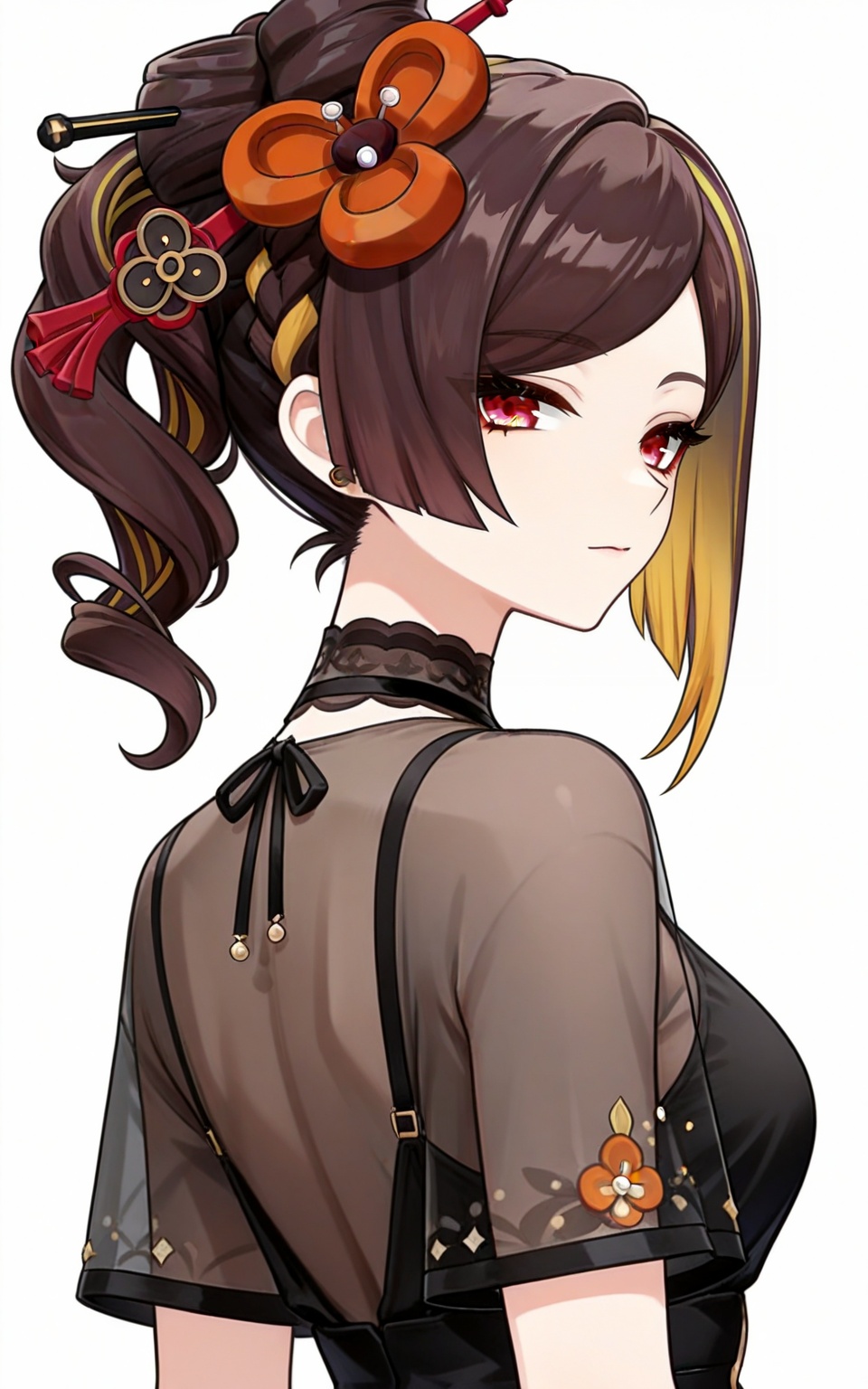 depth of field,masterpiece,best quality,very aesthetic,alternate costume,alternate costume,2024,2023,perfect composition,ultra-detailed,extreme aesthetic,masterpiece,best quality,good quality,newest,year 2024,year 2023,very aesthetic,absurdres,looking_at_viewer,colorful,white_background,simple background,upper_body,see-through,dress,<lora:千织·衣服百搭款ILL:0.8>,chiori \(genshin impact\),brown hair,multicolored hair,streaked hair,blonde hair,red eyes,hair_stick,hair_ornament,braid,hair bun,pony-tail,drill ponytail,