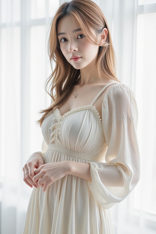 <lora:20251203_TinFlux1AgeSliderLora:1>HDR photo of cinematic film still, girl,dress,close up,looking at viewer,white background,