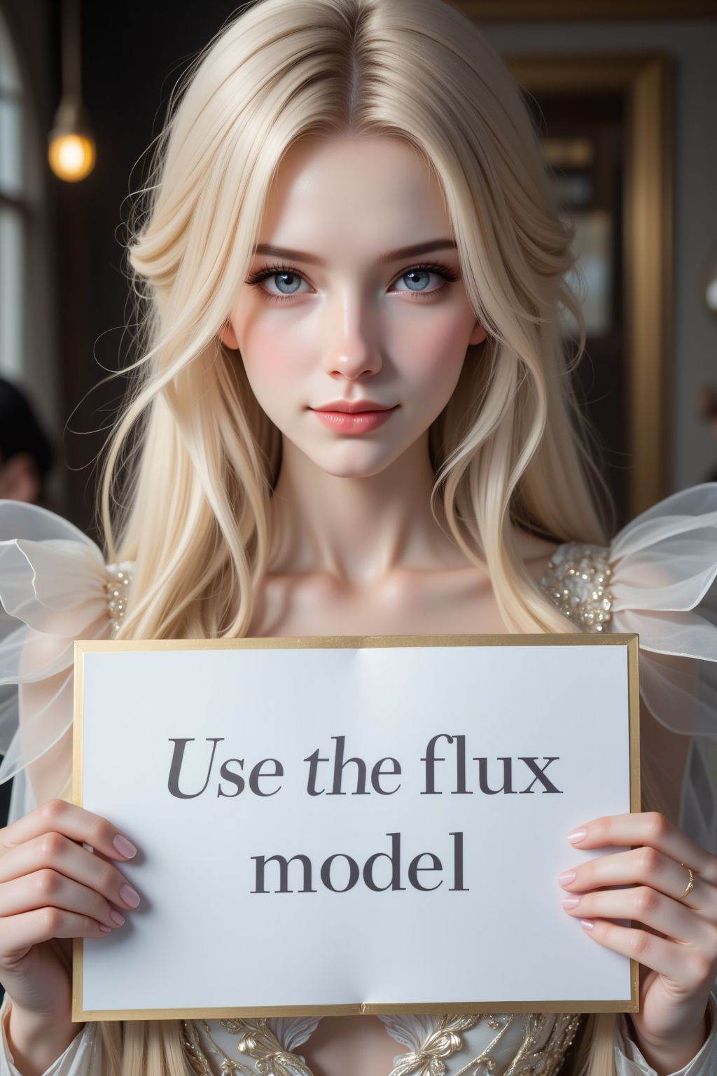 instagram photo, closeup face photo of 20 y.o, blue eyes, pale skin, smirk, blonde long straight hair, elegant dress, holding a sign with text "Use the flux model",