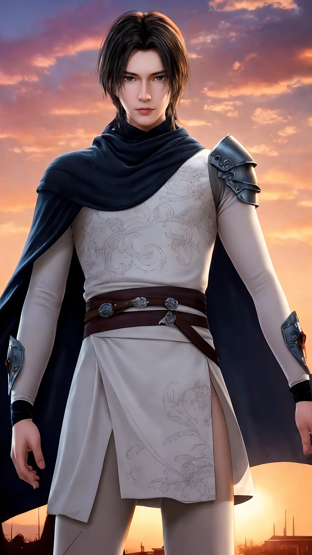 solo,1boy,male focus,armor,black hair,cape,looking at viewer,<lora:Ge Nie man Boy Handsome boy swordsman_20240829181204:0.8>,mid_shot,cowboy_shot,china_dress,sunset,the top of the hill,