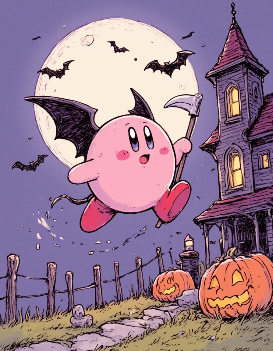 neomj,illustration,A pink Kirby with black wings and a tail flies in front of a full moon,holding a scythe. There are several bats and a haunted house in the background. Light comes from the moon and the jack-o'-lanterns.,<lora:neomj故事感线条水彩风10:1>,