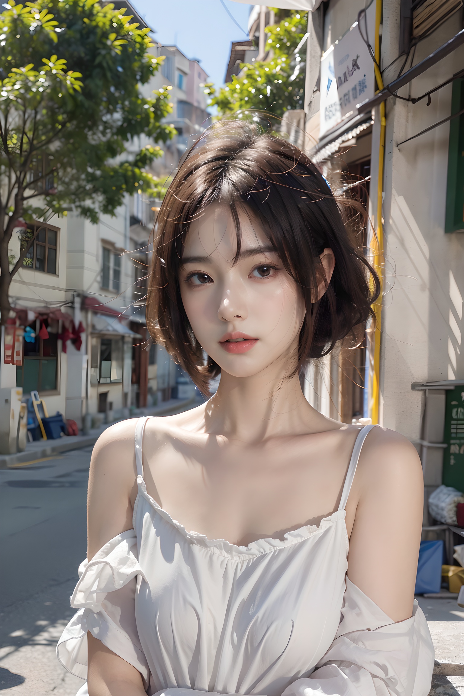 1girl,solo,long hair,realistic,lips,parted lips,upper body,blurry background,floating petals,jitome,cute,Street background:1.5,short hair,masterpiece,high quality,best quality),(colorful:0.75),(delicate eyes and face),volumatic light,ray tracing,extremely detailed CG unity 8k wallpaper,solo, indoors, palace, lights, window, decorations,(ahoge:1.3),best quality,official art,(((light from the sky))),floating hair,light shines on hair,whultra-detailed,(((extremely detailed cg 8k wallpaper))),(crystalstexture skin:1.4),(extremely delicate and beautiful),(white skin),looking_at_viewer,kinghere fensejiaren,,realistic, <lora:20240212-1707682573619:0.75> <lora:Body_shaping:0.35>