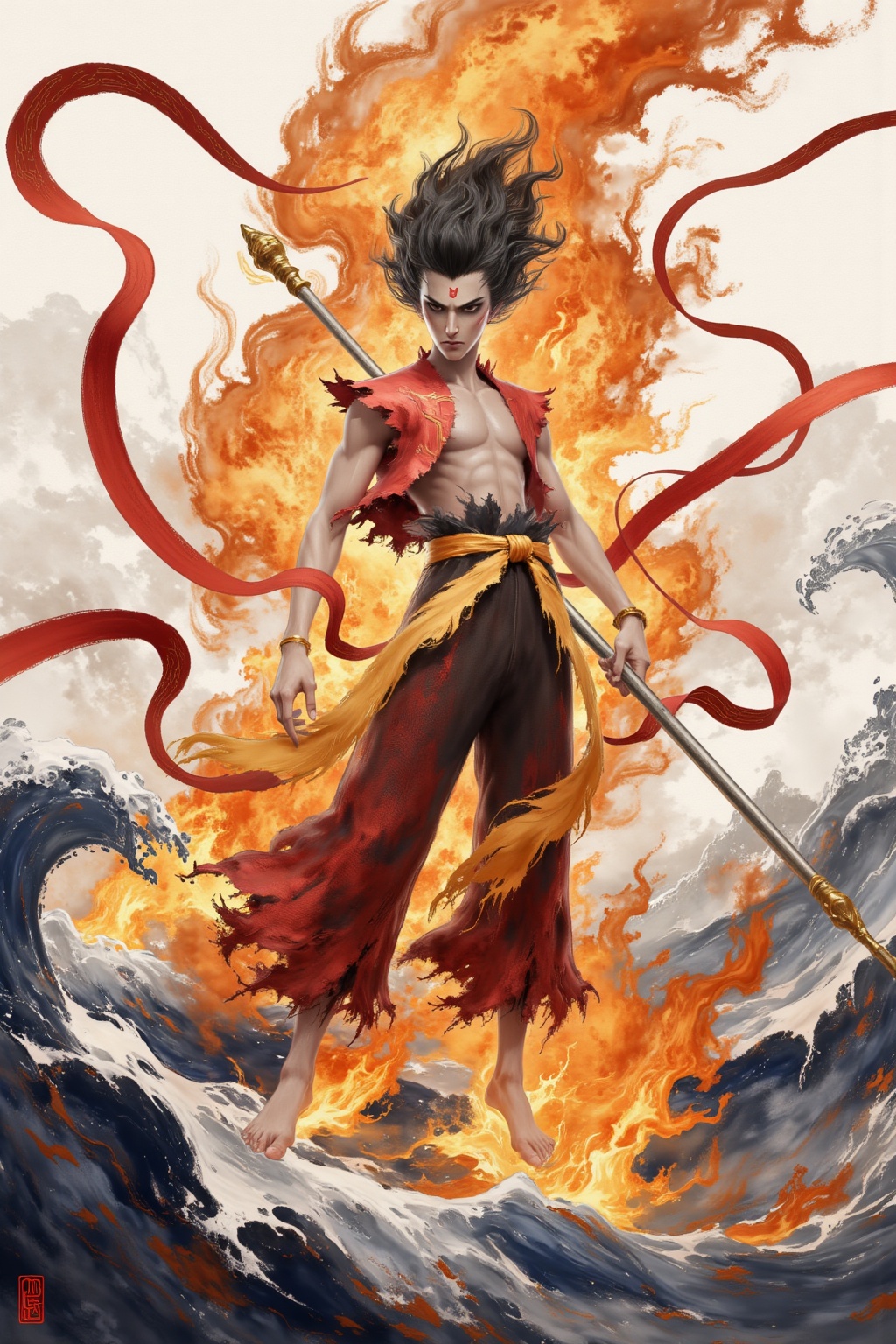 Chinese black and white ink painting,Chinese black and white ink painting,Digital CGI of a muscular,shirtless man with spiky black hair,wearing torn red pants and a red sash,wielding a golden spear. Flames erupt from his feet,and red ribbons swirl around him. emphasizing the dynamic pose and intense energy.,Chinese black and white ink painting,overall illustration style,the background is a towering flame,under my feet are rolling giant waves,