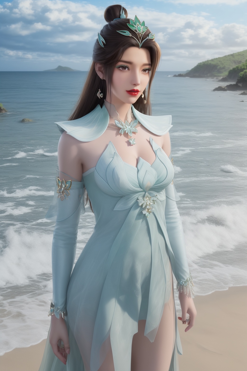 photo_\(medium\),(8k, RAW photo, best_quality),(masterpiece:1.2),(realistic:1.2),(photorealistic:1.3),(ultra-detailed),(extremely_detailed_cg_8k_wallpaper),(crystal_texture_skin:1.3),(shiny:1.2),(shiny_skin:1.4),(extremely_delicate_and_beautiful),shenfengYanRuYu,1girl,solo,detached sleeves,green dress,torogao,bouncing breasts,hair bun,standing,see-through,jewelry,hair ornament,earrings,red lips,necklace,realistic,looking at viewer,green theme,summer,beach,sea,sunshine,<lora:shenfengYanRuYu_20240525103110-000006:0.7>,
