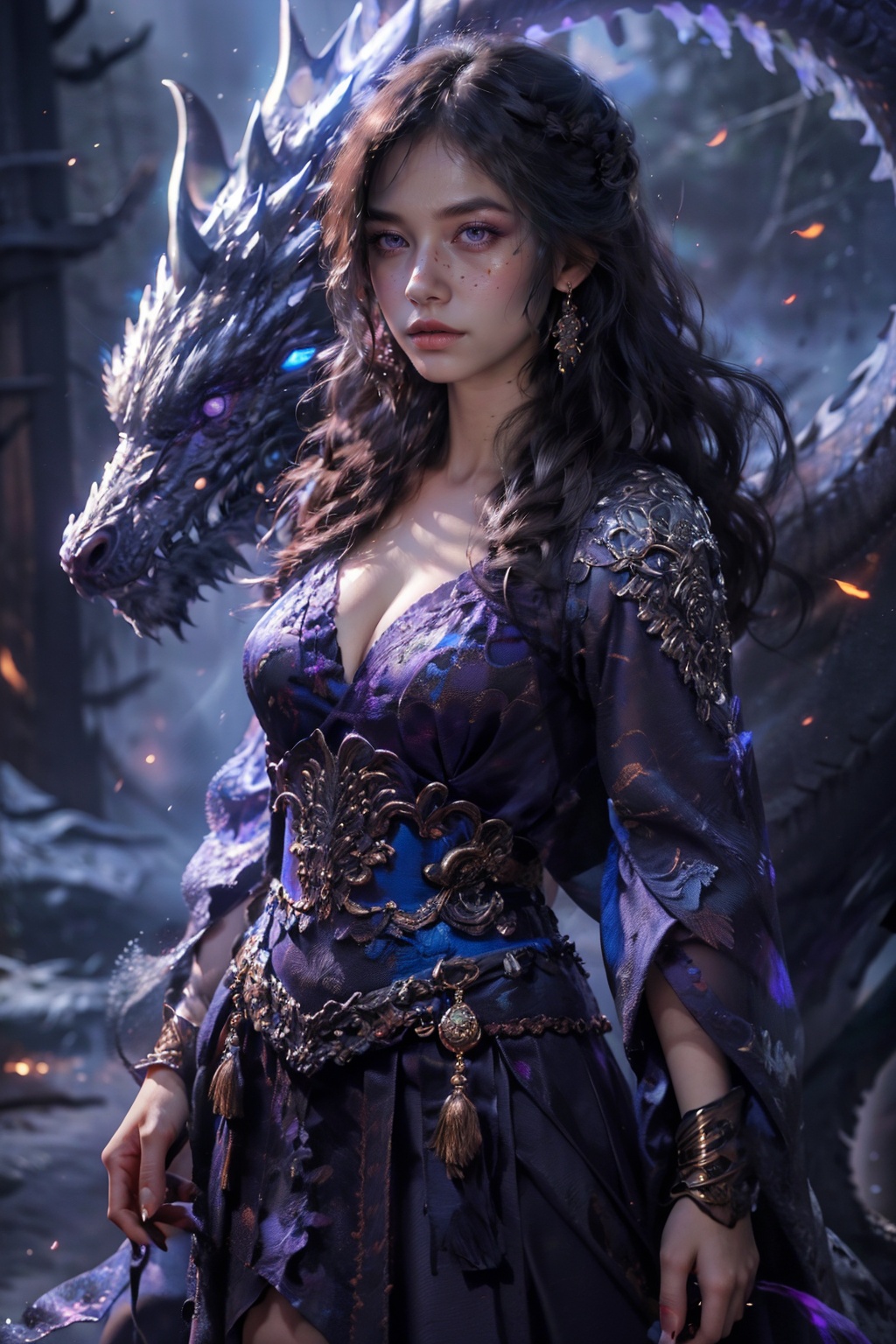 <lora:zishan-000008:0.8>,zishan,1girl,long hair,looking at viewer,black hair,cleavage,medium breasts,purple eyes,earrings,eastern dragon,full body,, (high quality), best quality, (4k), 8k, super detailed, (full detail), (masterpiece), (realistic), super detailed,(Exquisite details) ,intricate,