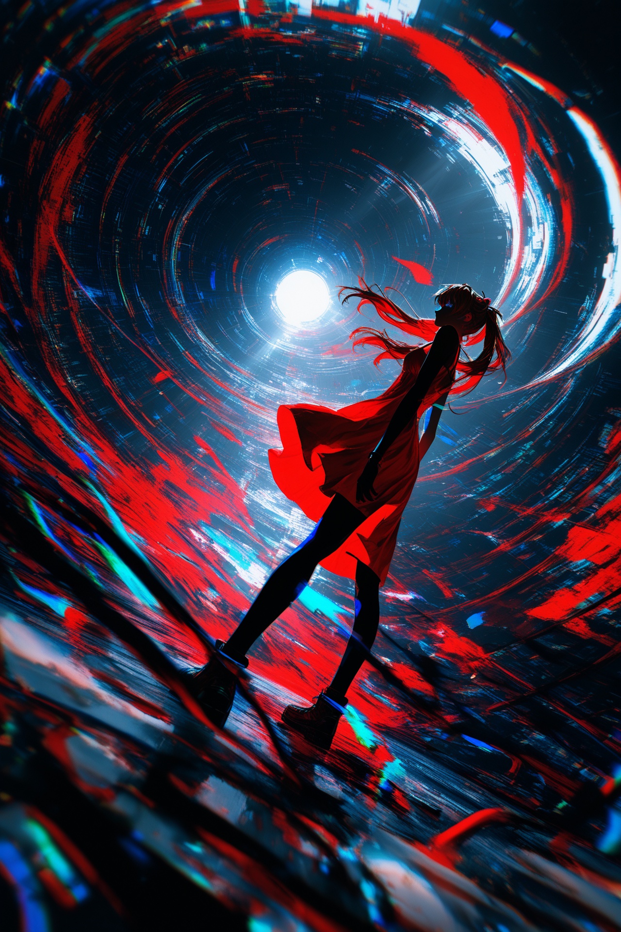 masterpiece,best quality,amazing quality,very aesthetic,absurdres,newest,highres,,scenery,light rays,chiaroscuro,dynamic angle,atic aberration,anaglyph,unstable coloring,partially colored,surrounded by floating data streams,fragmented code,dark aura,(ushiki yoshitaka style:0.5),dynamic,from side,foreshortening,souryuu asuka langley in red sundress,((eva 02 in view)),hair flip,wind,twintails,