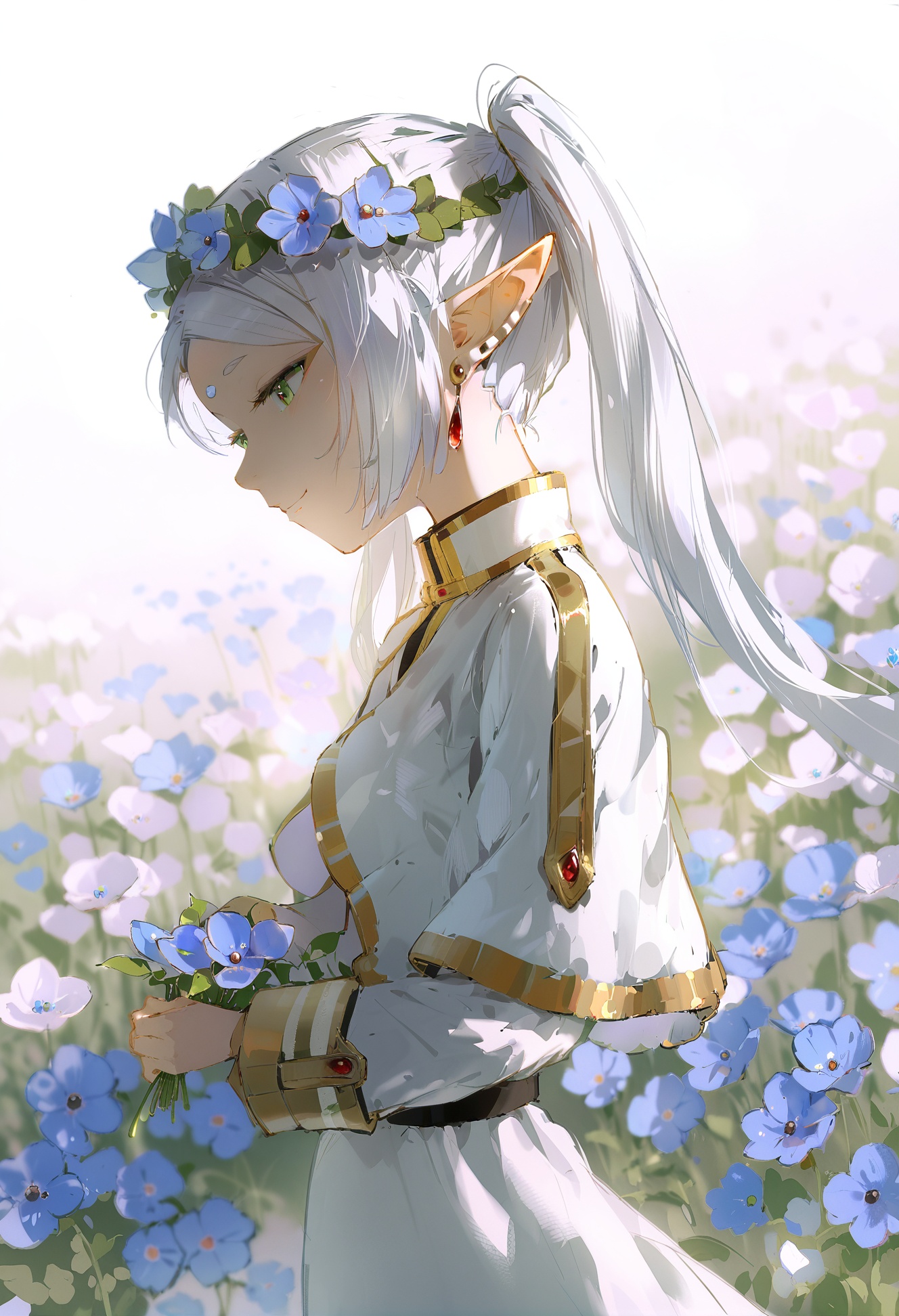 masterpiece, best quality,1girl, frieren,  solo, elf, jewelry, earrings, pointy ears, twintails, capelet, long hair, green eyes, holding, flower, holding flower, long sleeves, from side, white capelet, white hair, profile, closed mouth, dress, smile, head wreath, upper body, white background, very long hair, flower field, looking up, field, nemophila \(flower\), parted bangs, half-closed eyes, white dress, outdoors <lora:DInoballXLlokr8f-000185:0.95>