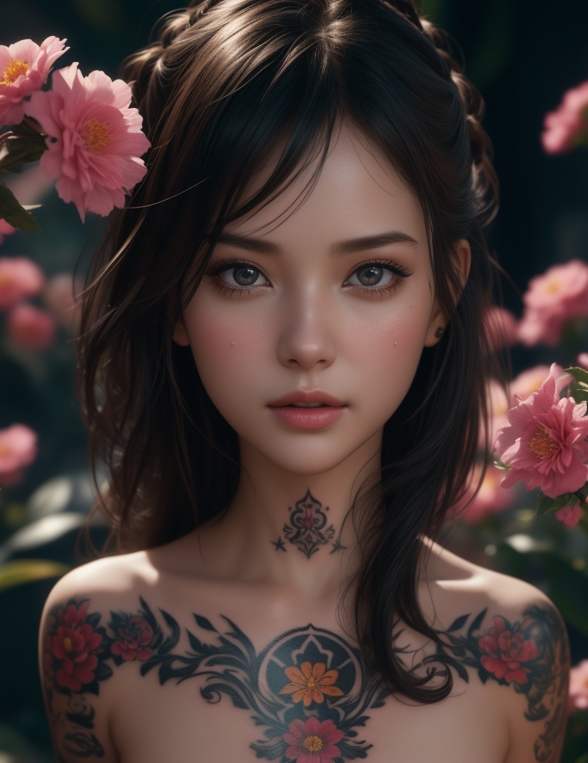 (,1girl, ,best quality, ),looking at viewer,  ,,ultra detailed background,ultra detailed background,ultra realistic 8k cg,, ,masterpiece, (( , )),ultra realistic 8k cgSurrounded by strange, movie perspective, advertising style, Colorful background, splash of color A beautiful woman with delicate facial features,tattoo all over body, flower arms,from above,