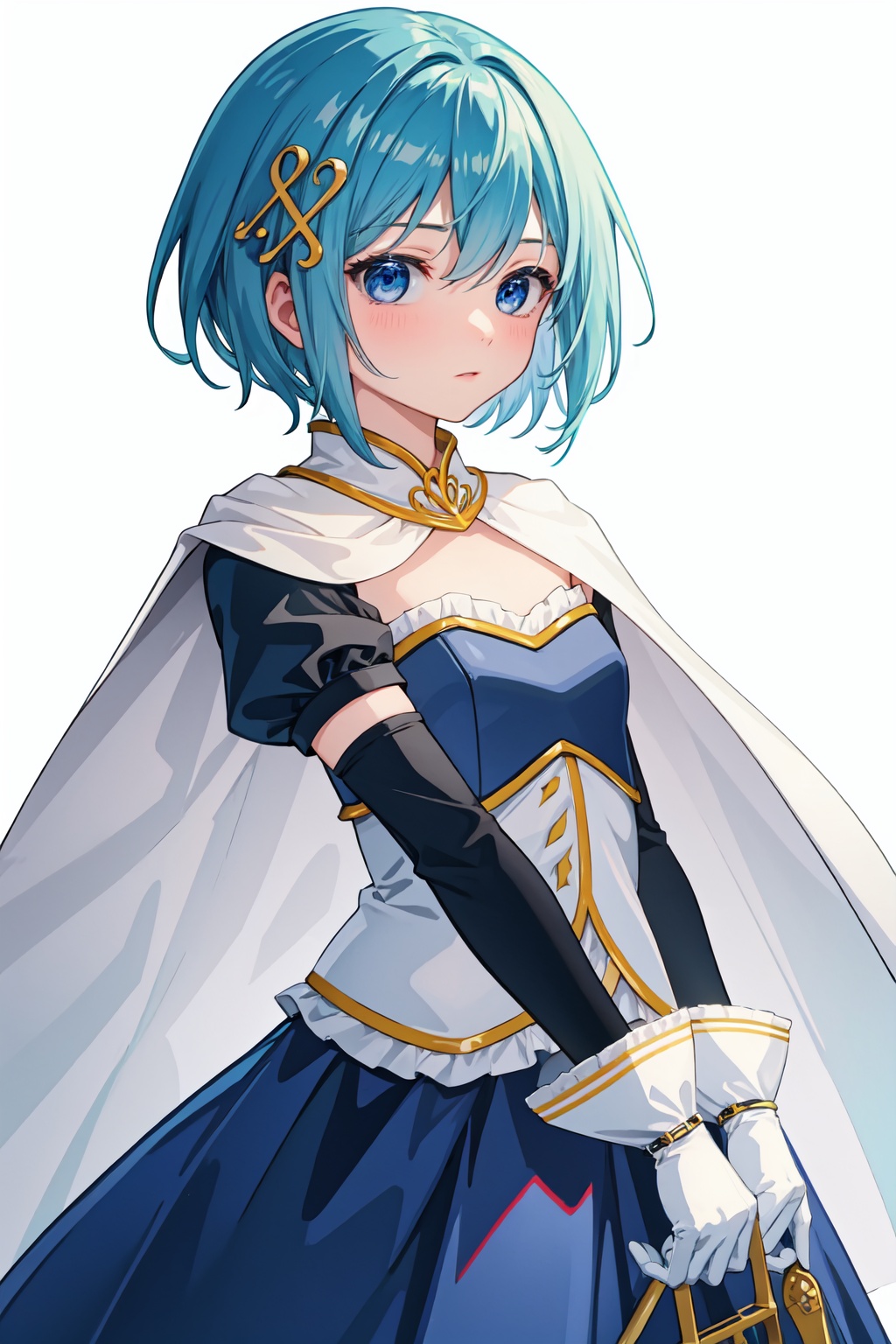 masterpiece,best quality, highly detailed, miki_sayaka,1girl,solo,magical_girl,white_cape,white_gloves,looking_at_viewer,musical_note_hair_ornament,fortissimo,hairclip<lora:miki_sayaka:1>,simple background,white background