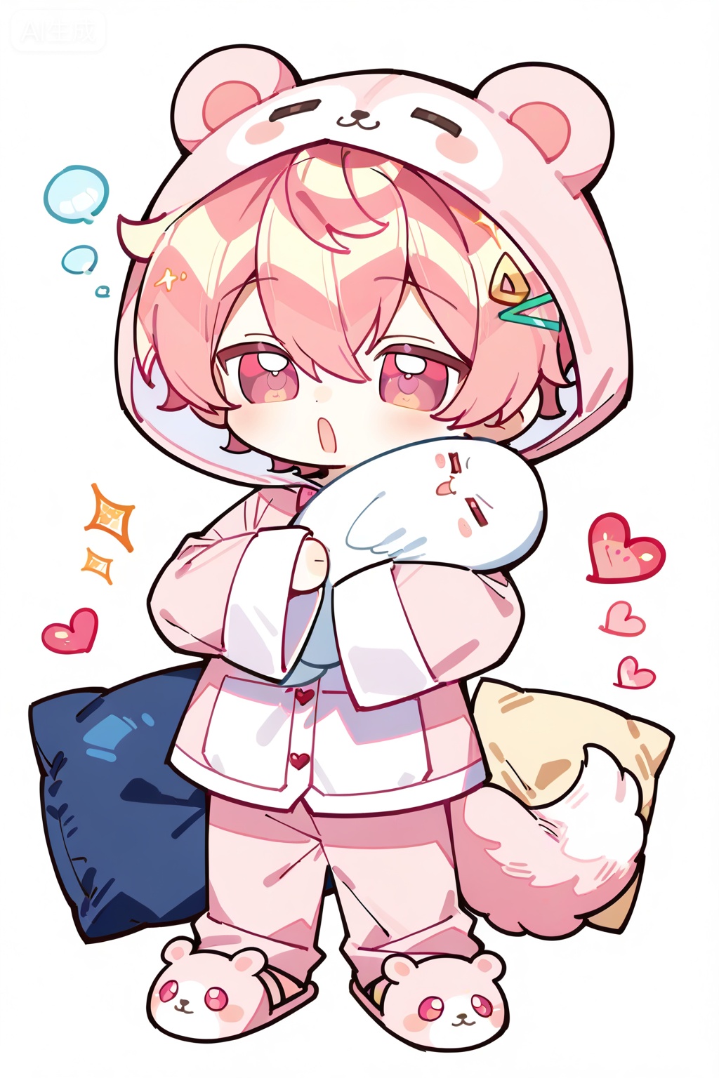 solo, , short hair, , open mouth, , simple background, , hair ornament, , 1boy, , white background, , holding, , animal ears, , tail, , full body, , pink hair, , male focus, , heart, , hood, , pink eyes, , chibi, , pillow, , pajamas, , animal hood, , slippers, , sleepy, , holding pillow, , , Negative prompt: ng_deepnegative_v1_75t,(badhandv4:1.2),EasyNegative,(worst quality:2),username,out of focus,bad proportions,cropped,watermark,signature,worstquality,grayscale,logo,text,blurry,low quality,bad anatomy,sketches,lowres,normal quality,monochrome,,nsfw, Steps: 29, Sampler: Euler a, CFG scale: 7.0, Seed: 2849947160, Size: 1024x1536, Model hash: fe1361c879, Model: illustrious_v20_1.safetensors, Denoising strength: 0.0, RNG: CPU, Lora 1: Art-山楂糖, Lora Hash 1: 0b6112434b, Lora Weight 1: 0.8, vae_name: automatic