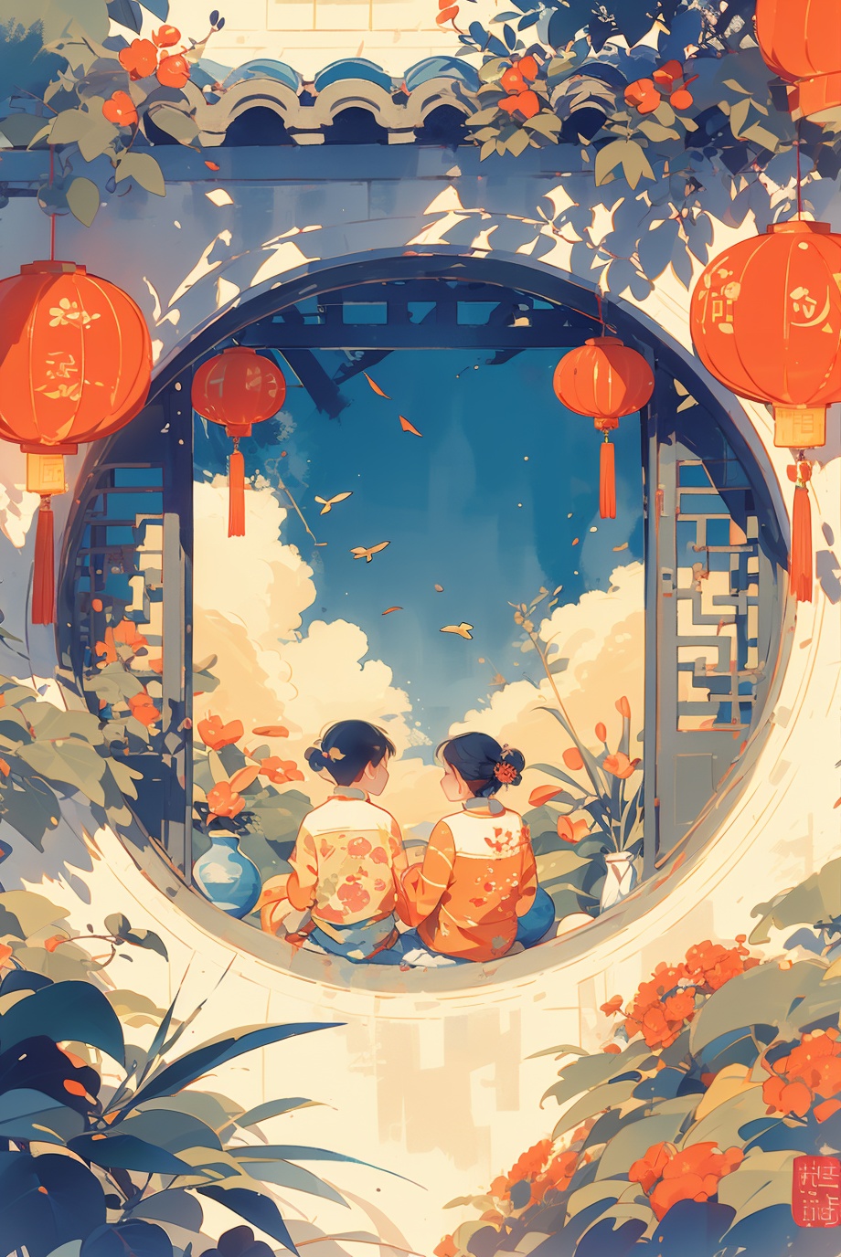 masterpiece,best quality,family,2boy,1girl,1kid,Muscovitum,cloud,window,flower sea,chinese clothes,<lora:tuanyuan_20240304140852:1>,lantern,