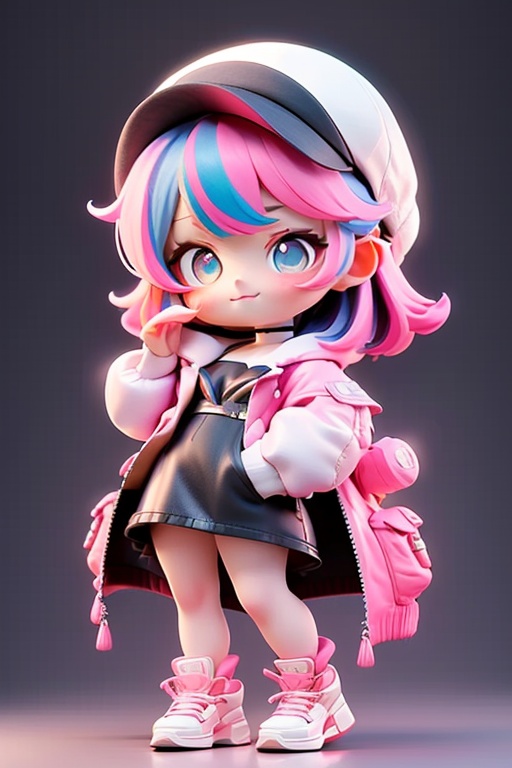 best quality, masterpiece, 3D, C4D, 1girl, solo, looking at viewer, blush, full body, bangs, dress, jacket, pink hair, chibi, white hair, multicolored hair, pink eyes, virtual youtuber, medium hair, black footwear, white headwear, black dress