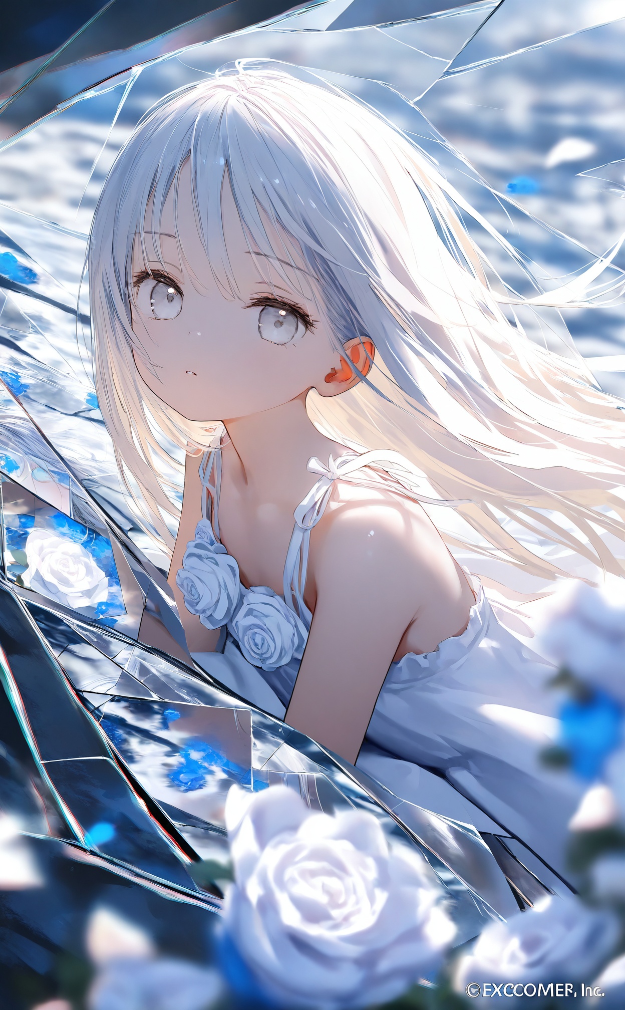 masterpiece,best quality,high quality,loli,Light Blue Theme,//,1girl,solo,long hair,dress,looking at viewer,white eyes,glass,grey eyes,white dress,white hair,flower,broken glass,white theme,bare shoulders,blue theme,dress flower,glass shards,white flower,water,parted lips,closed mouth,sleeveless,reflection,sleeveless dress,watermark,white rose,expressionless,//,year_2023,year_2024,//,official art,depth of field,detailed light,blurry background,cinematic lighting,ray tracing,amazing quality,very aesthetic,absurdres,beast quality,ultra detailed,god rays,backlighting,photo background,film grain,chromatic aberration,volumetric lighting,depth of field,blurry background,shiny skin,floating hair,cinematic lighting,day,very aesthetic,
