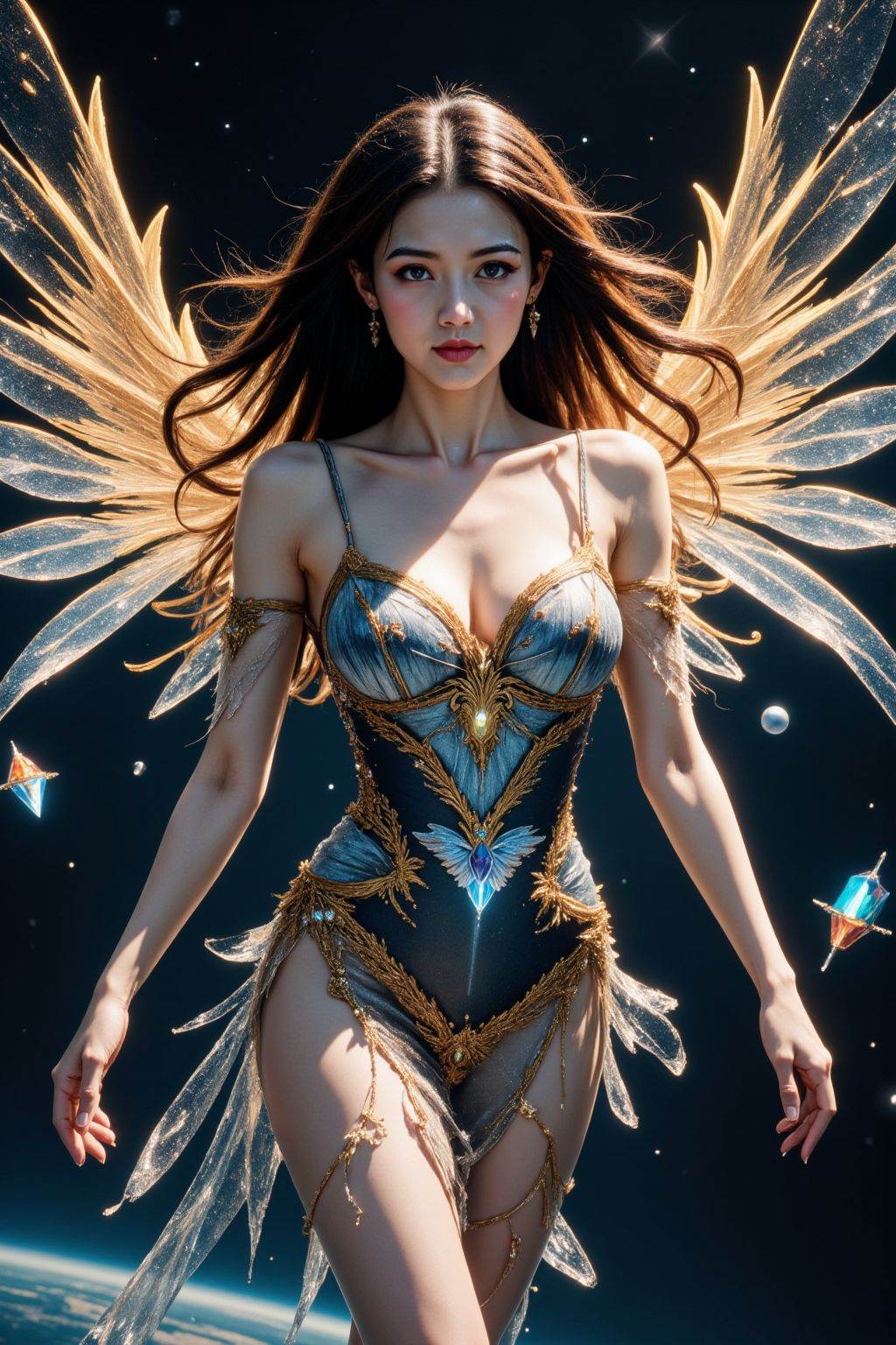 HDR photo of cinematic film still A stunning digital artwork featuring a celestial, ethereal woman with long, flowing brown hair and delicate wings. She wears a revealing, intricate black and gold gown adorned with blue gemstones. Her skin is pale, her figure is slender with small breasts. She stands against a backdrop of space, with stars and planets, and smaller winged beings flanking her. The lighting is soft, giving a divine glow to her figure. The art style is realistic with a fantasy twist, blending elements of sci-fi and mythology. The overall aesthetic is elegant and otherworldly., space, planet, . shallow depth of field, vignette, highly detailed, high budget, bokeh, cinemascope, moody, epic, gorgeous, film grain, grainy . High dynamic range, vivid, rich details, clear shadows and highlights, realistic, intense, enhanced contrast, highly detailed