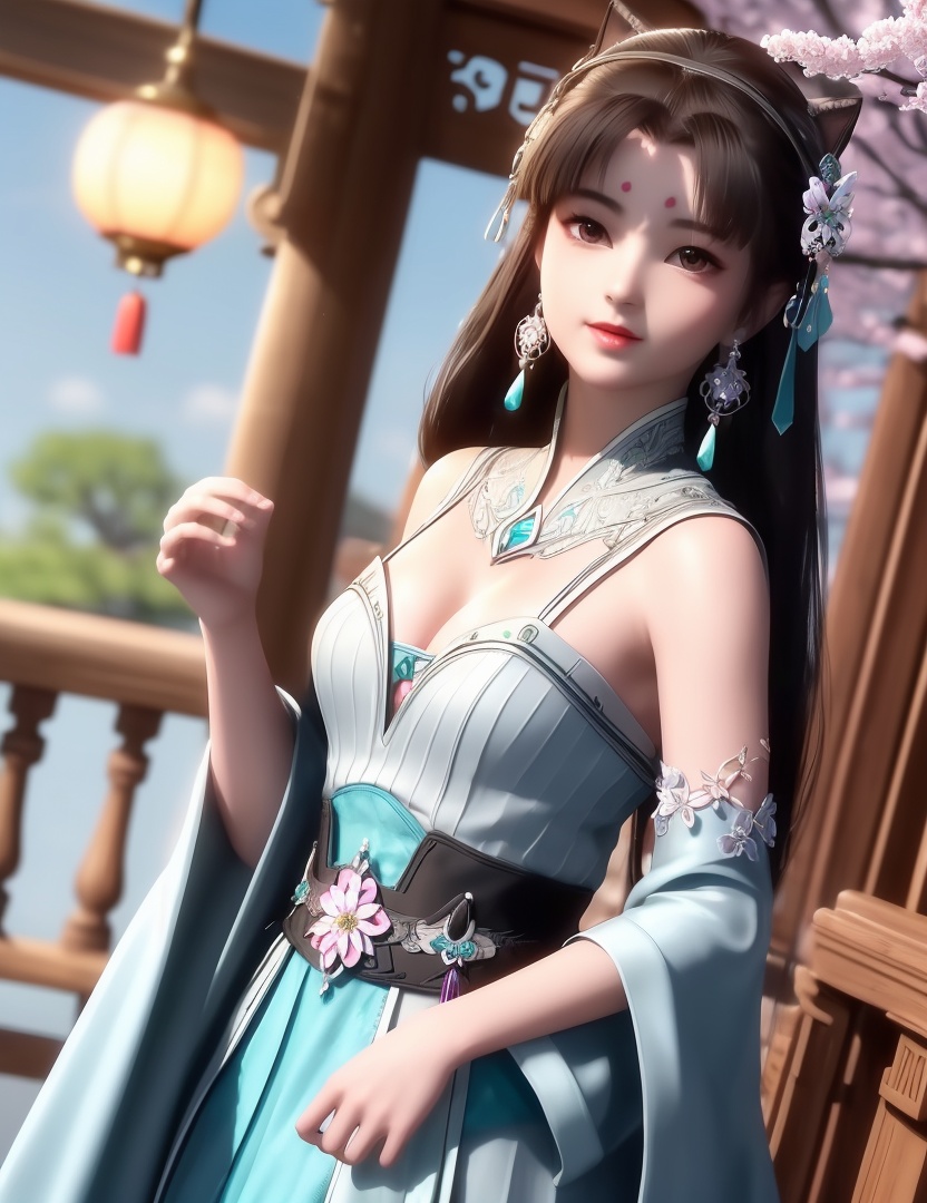 ultra realistic 8k cg, picture-perfect face, flawless, clean, masterpiece, professional artwork, famous artwork, cinematic lighting, cinematic bloom, perfect face, beautiful face, fantasy, dreamlike, unreal, science fiction,  beautiful clothes, lace, lace trim, lace-trimmed legwear,  (rich:1.4), prestige, luxury, jewelry, diamond, gold, pearl, gem, sapphire, ruby, emerald, intricate detail, delicate pattern, charming, alluring, seductive, erotic, enchanting, hair ornament, necklace, earrings, bracelet, armlet,halo((,1girl, ,))(((,teenage,full moon,lantern, cherry blossoms, 1girl, tree, spring_\(season\), solo, black_hair,chinese clothes,looking at viewer, upper body, ))) <lora:DA_LanLingEr:0.6>