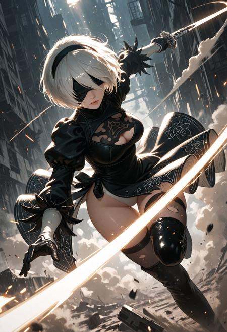 1girl, yorha no.2 type b, 2B (nier:automata), dynamic action pose, mid-air, slashing with katana, silver bobbed hair flowing, black blindfold, torn black combat dress, thicc thighs thigh-high boots, glowing sword trail, high-tech ruined city background, flying debris, sparks, smoke clouds, dramatic sunlight through dust, cinematic composition, intense expression, battle damage, fluttering fabric, soft glow, energy particles, motion blur, (high action:1.3), (dust and light rays:1.2), (battle effects:1.2), ultra-detailed, masterpiece, anime style, fantasy sci-fi setting. dynamic lighting, highres, ultra-detailed, masterpiece, best quality, amazing quality, very aesthetic, absurdres, highres, newest, scenery, HDR, 8k, HDR skin, cinematic lighting, dynamic composition, soft shadows, skin shine, volumetric shadows, soft glow, subsurface scattering, motion blur. solo