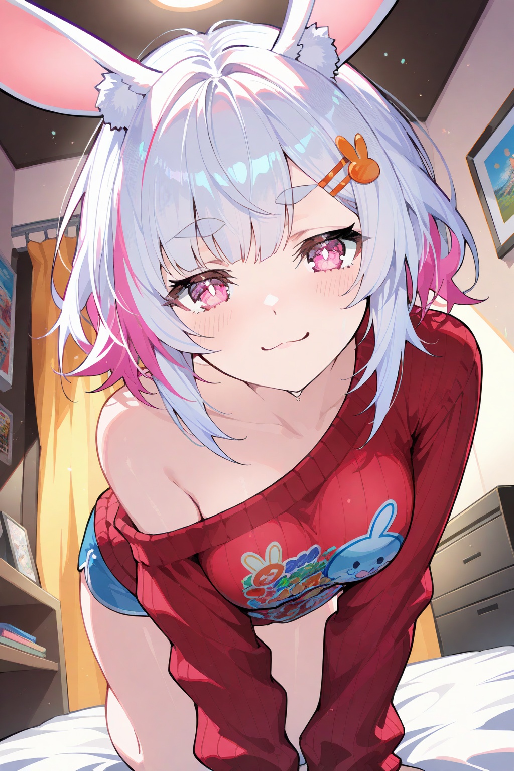 crisp,gwwj,Mika Pikazo,ezu,melting,Tender,masterpiece,best quality,very aesthetic,1girl,extremely delicate and beautiful,Noise and grain,huge filesize,amazing quality,foreshortening,cinematic_angle,snout,(hairy:1.1),white hair,ojousama,:3,smug,medium hair,bunny_ears,bunny_girl,hairpin,single bare shoulder,skin_****,illustration,upper_body,posing,looking_at_viewer,colorful,chromatic_aberration,indoor,bedroom,a monster girl,(furry:1.1),irridescent gradient,street pop art,berrypunk,all_fours,pink eyes,red ribbed sweater,micro_shorts,streaked hair,disheveled hair,ultra short hair,light_blush,