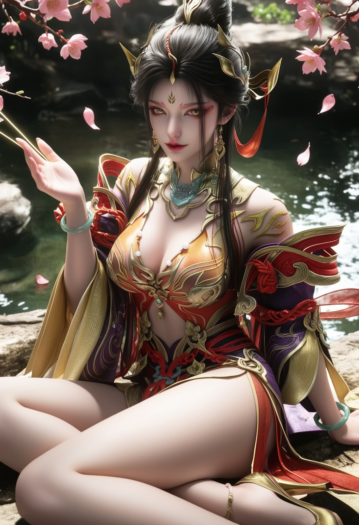 masterpiece,best quality,amazing quality,very aesthetic,high resolution,ultra-detailed,absurdres,scenery,photorealistic,(looking at viewer:1.1),(moody lighting:1.1),peach blossom,falling petals,large breasts,nangongjin,1girl,solo,black hair,jewelry,forehead mark,earrings,hair ornament,long hair,red lips,makeup,dress,necklace,yellow eyes,hair bun,lips,eyeshadow,bracelet,tassel,high heels,arms_behind_back,yokozuwari,legs_together BREAK photorealistic details,<lora:QQSillnangongjinV1:0.8>,