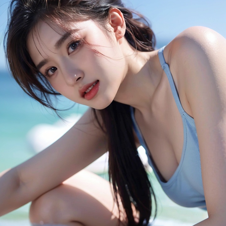 front angle,(8k, best quality, masterpiece:1.2),(realistic, photo-realistic:1.37),ultra-detailed,1girl, solo, looking_at_viewer, realistic, blue_background, teeth, lips, long_hair, upper_body, open_mouth, ****_top, <lora:YG初恋白净小姐姐1:0.7>,