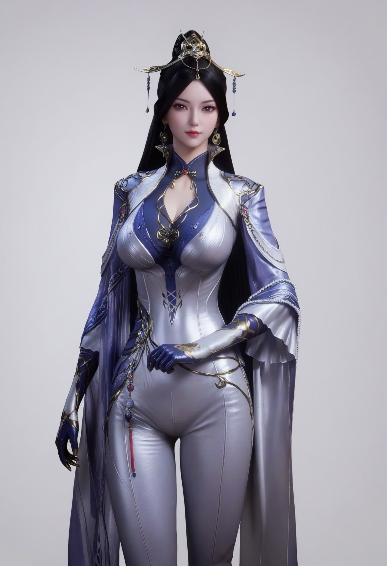 score_9,<lora:SF_QiuQingEr_Pony_Realism2.3-000003:0.7>,1girl,solo,hair ornament,long hair,dress,hair bun,breasts,large breasts,dress,pants,black hair,gloves,looking at viewer,white background,simple background,