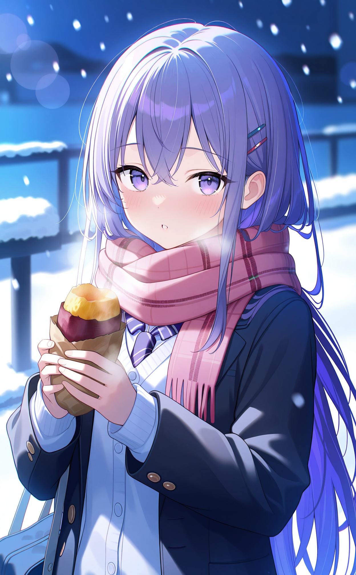 masterpiece,very aware,(highres),absurdres,newest,best quality,high quality,chromatic_aberration,White Theme,lightblue Theme,//,1girl,scarf,food,sweet potato,solo,hair ornament,looking at viewer,jacket,bag,long hair,holding food,holding,hairclip,school bag,roasted sweet potato,red scarf,long sleeves,black jacket,blush,cardigan,outdoors,school uniform,blurry background,purple eyes,hair between eyes,plaid scarf,open clothes,parted lips,blurry,purple hair,open jacket,white shirt,blazer,plaid,blue hair,crossed bangs,shirt,winter,pink scarf,snowing,shoulder bag,upper body,enpera,snow,very long hair,//,absurdres,newest,very aesthetic,amazing quality,highres,sensitive,ultra detailed,best anatomy,HDR,8K,high detail RAW color art,high contrast,illustration,depth of field,(colorful),phenomenal aesthetic,detailed light,blurred picture,Tyndall effect,contrast,lens flare,cinematic lighting,//,<lora:timmoo——【noob】hans:1>,