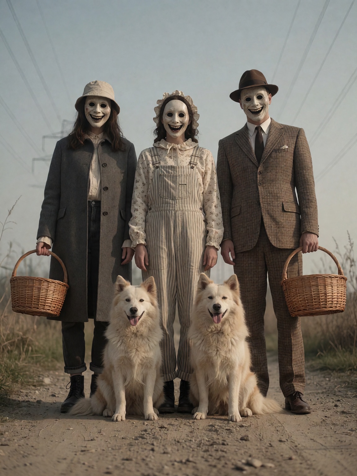 Three figures in vintage attire and identical eerie,  smiling white masks stand symmetrically behind two seated fluffy cre...