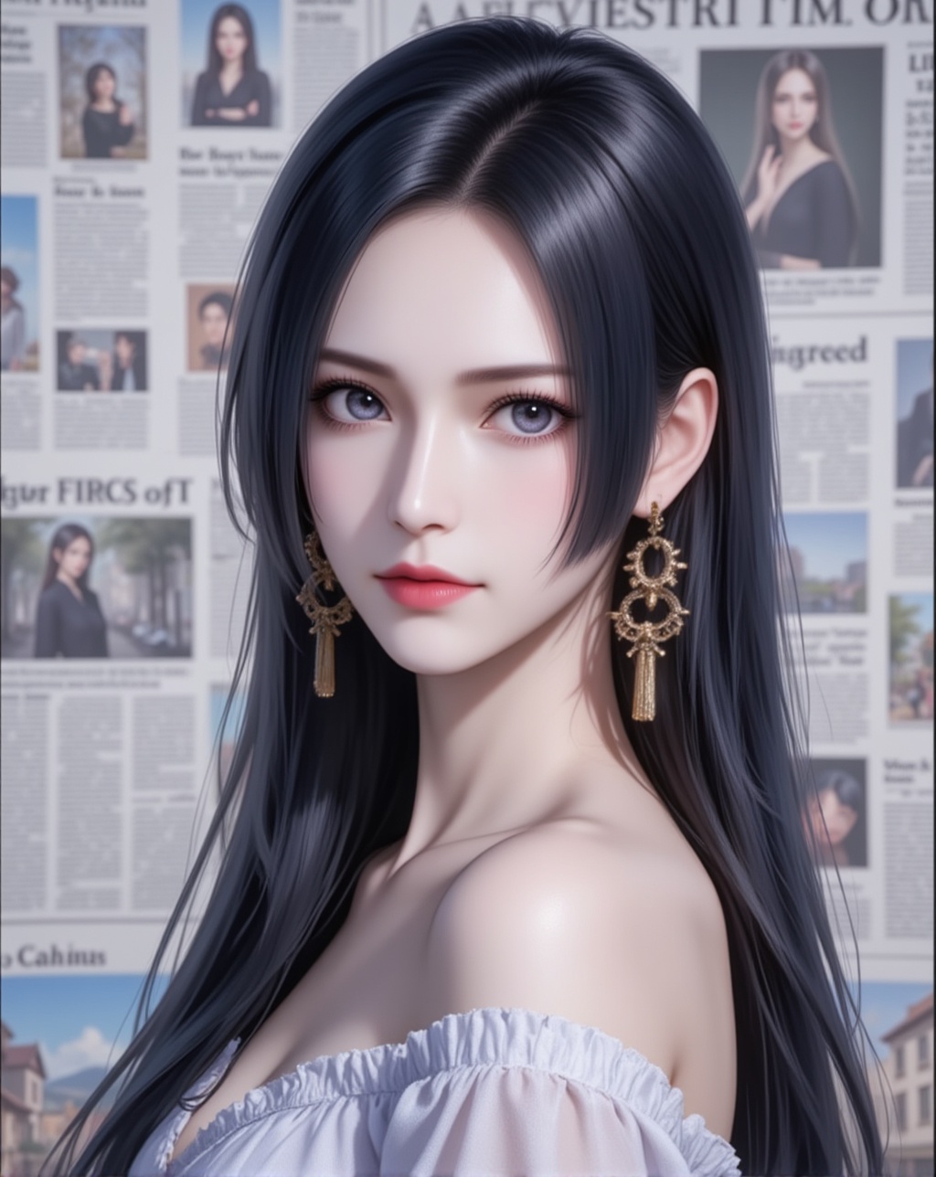 <lora:柳二龙·百搭款6:1.2>,liuerlong,1girl,solo,long hair,looking at viewer,black hair,jewelry,earrings,red lips,lips,black eyes,cover,gradient background,close-up details,outstanding style,adding a touch of dimension to your images without compromising details,close-up,<lora:DJ滤镜_2.5D版:0.4>,lvjing,<lora:油画唯美滤镜15:0.2>,baoshi,<lora:报纸背景·5:0.4>,baozhi,paper,newspaper,the newspaper wall,newspaper background,