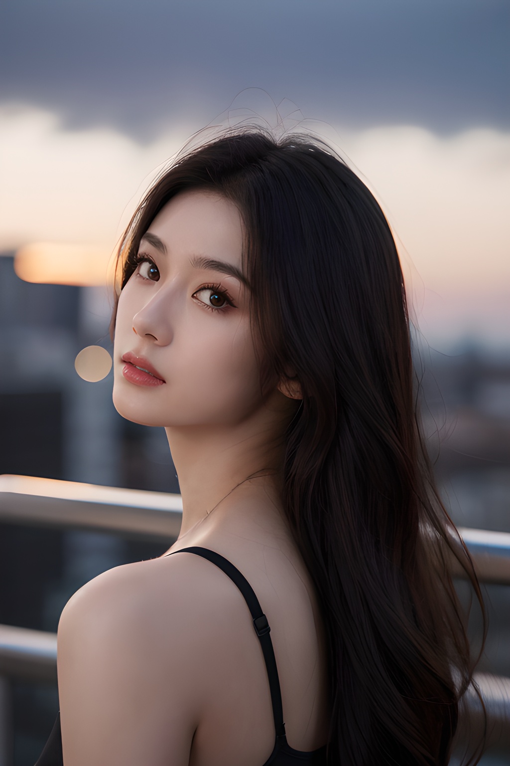 <lora:0816_04:0.7>,Frontal photography,Look front,evening,dark clouds,the setting sun,On the city rooftop,A 20 year old female,Black top,Black Leggings,black hair,long hair, dark theme, muted tones, pastel colors, high contrast, (natural skin texture, A dim light, high clarity) ((sky background))((Facial highlights)),, 1girl,realistic,masterpiece, best quality, photorealistic, HDR,detail