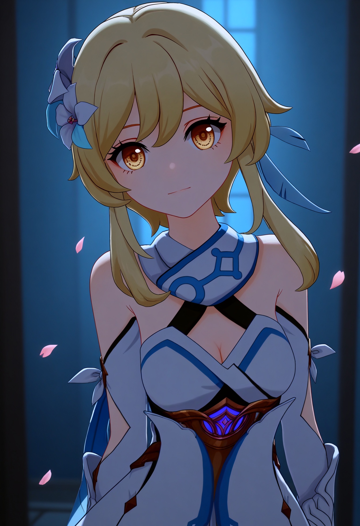 (upper_body:1.2),looking at viewer:1.1,masterpiece,(best quality),(mutated_hands:-1.2),(bad hands:-1.2),smog,Dark room,dim lighting,peach blossom,falling petals,<lora:YQ_Illustrious光辉二次元v1_荧_V1:0.8>,q1528437228,1girl,solo,lumine (genshin impact),blonde hair,hair ornament,dress,hair flower,white dress,short hair with long locks,detached sleeves,yellow eyes,scarf,sidelocks,feather hair ornament,gloves,white thighhighs,boots,