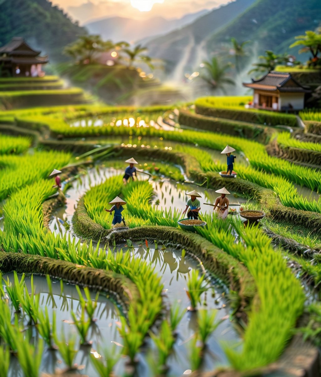 <lora:鼻涕泡_微缩王国_V1.0:0.9>,highly detailed,ultra-high resolutions,32K UHD,best quality,masterpiece,tao,chi,outdoors,rice hat,hat,blurry,water,multiple boys,grass,The image showcases a picturesque landscape of terraced rice fields with miniature figures working in them,bathed in the soft glow of sunlight.,