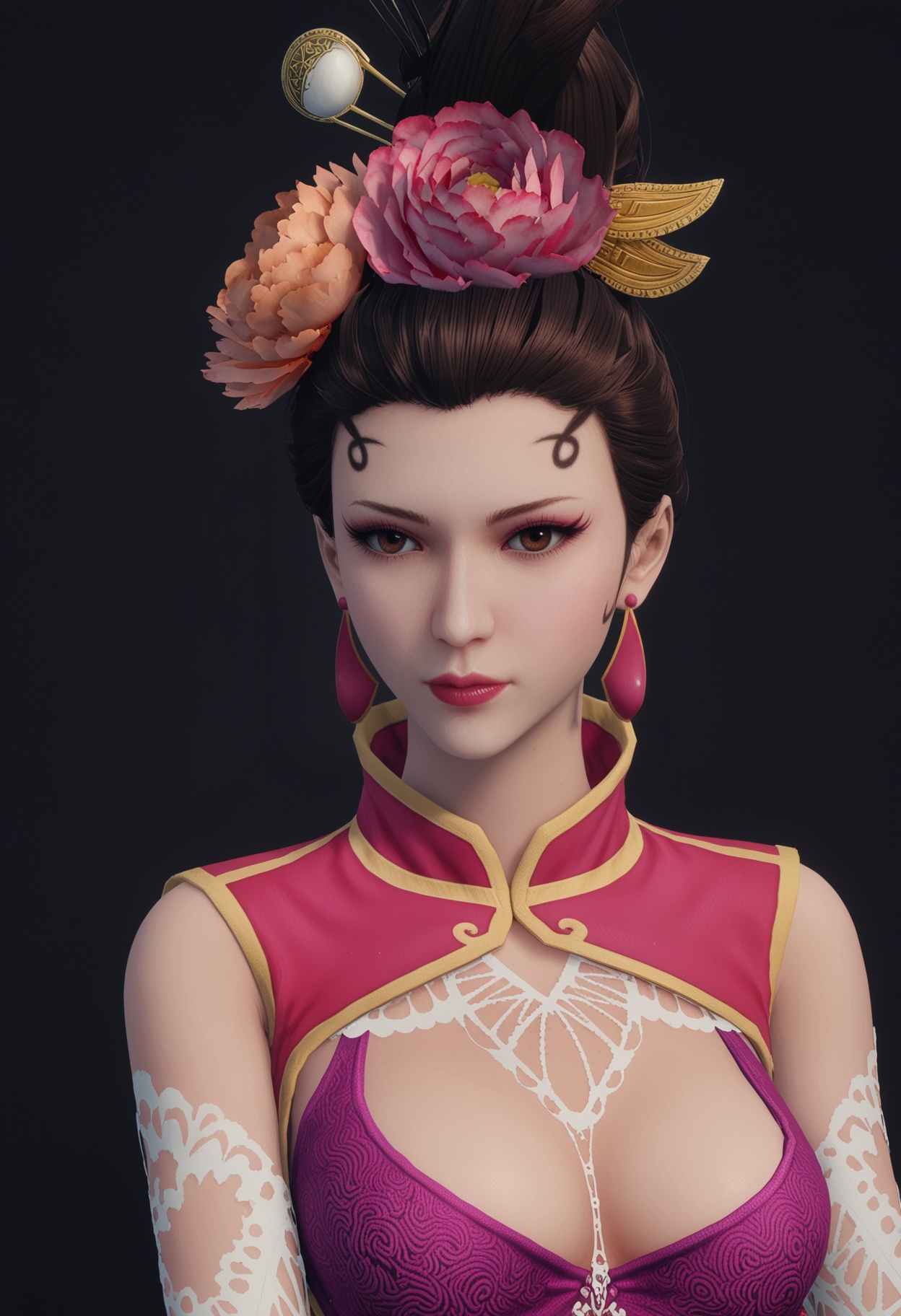 (upper_body:1.2),score_9,score_8_up,masterpiece,(best quality),intricate details,1girl,facing viewer,(looking at viewer:1.1),<lora:YQ_pony_fanyintian_V4:0.9:lbw=1,1,1,1,1,1,1,1,1,0.8,0.8,0.1>,q1528437228,1girl,solo,black hair,hair ornament,jewelry,chinese clothes,hair flower,earrings,dress,bra,lipstick,underwear,short hair,tattoo,black eyes,eyeshadow,china dress,hair bun,anklet,gloves,brown eyes,brown hair,sleeveless,lingerie,leg tattoo,BREAKscore_9,score_8_up,masterpiece,(best quality),perfect anatomy,(hourglass),perfect face,(simple background,pure black background,black background:1.1),fair_skin,shiny_skin,Ivory_skin,