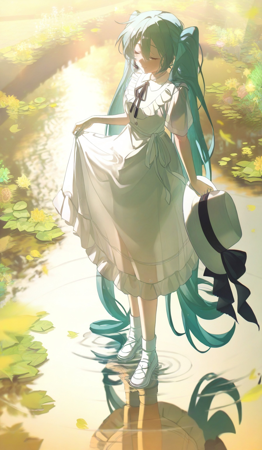 <lora:konya666 (5):1>,highres,absurdres,newest,very awa,masterpiece,best quality,year 2024,\,SenSen, 1girl, long hair, hatsune miku, solo, dress, closed eyes, very long hair, white dress, holding, reflection, twintails, standing, full body, water, aqua hair, leaf, white footwear, neck ribbon, short sleeves, plant, holding clothes, ribbon, flower, unworn headwear, frills, frilled dress, closed mouth, outdoors, wading, absurdly long hair, hair between eyes, holding hat, unworn hat, socks, blurry, smile, black ribbon, sunlight, ripples, white socks, shoes
