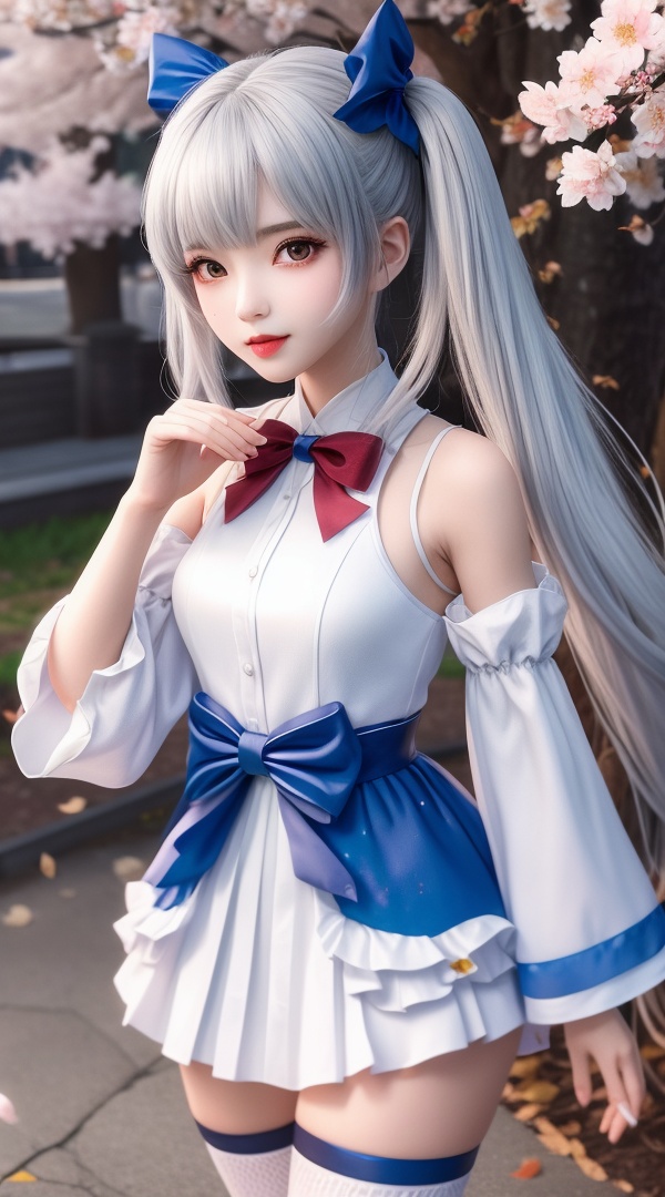 (,1girl, ,best quality, ),looking at viewer, <lora:380-DA-武动乾坤-林青檀:0.8> ,ultra detailed 8k cg,ultra detailed background,ultra realistic 8k cg, ,masterpiece, (( , )),, ,science fiction,mole, ultra realistic 8k cg, ,tamari \(flawless\),   ,(,cherry blossoms, autumn leaves,perfect cherry blossom,   ), (()), 1girl, solo, blue_ribbon, detached_sleeves, ribbon, long_hair, twintails, thighhighs, bow, blue_sleeves,silver hair, 