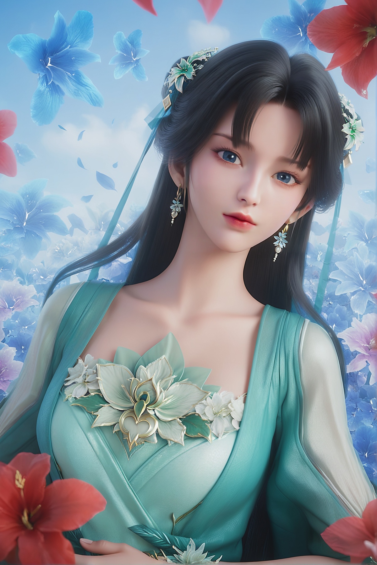 score_9,score_8_up,score_7_up,<lora:wy_biyao_x_XL7.0:0.8>,1girl,long hair,breast,medium breasts,earrings,hair_ornament,dress,flower,many flowers,very many flowers,wetting,dark,black hair,blue eyes,upper_body,