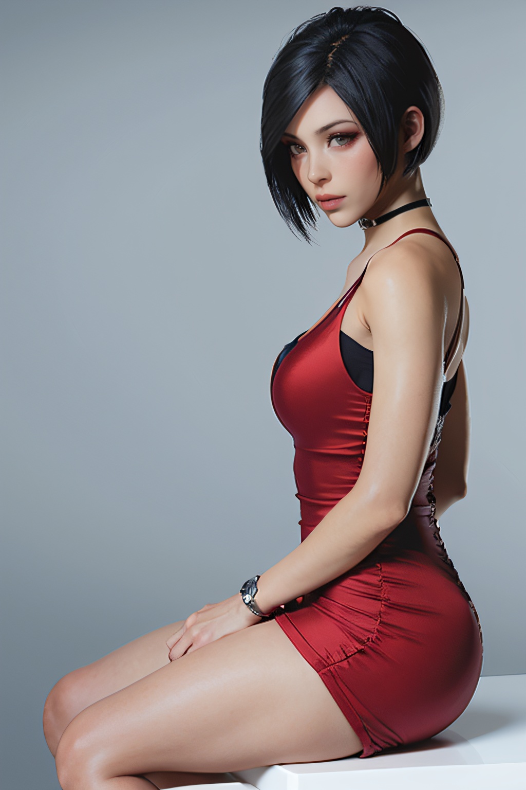 red dress,from side,ada,looking at viewer,solo,medium breasts,1girl,closed mouth,arms at sides,Best quality,masterpiece,ultra high res,(white background:1.1),<lora:adareddressre2r2r-000005:0.75>,full body,sitting,