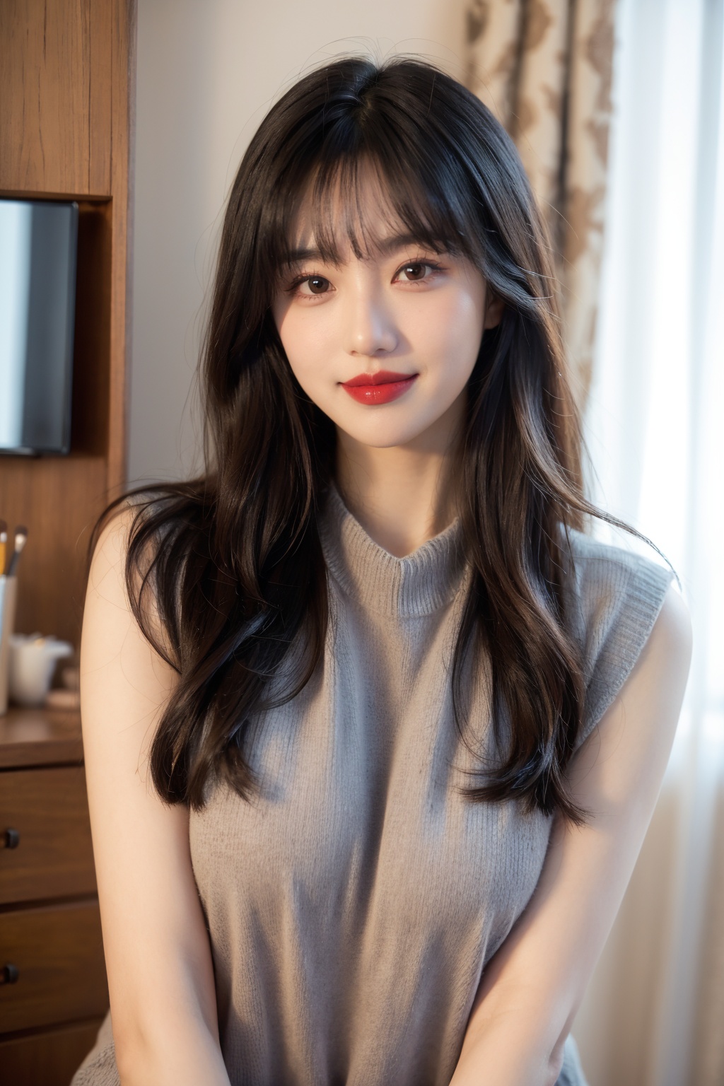 1girl, black hair, breasts, brown eyes, curtains, indoors, lips, lipstick, long hair, looking at viewer, makeup, blue,sweater, sleeveless, smile, solo, sweater, upper body 