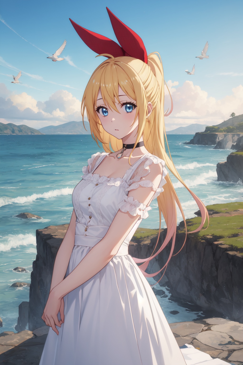 <lora:Chitoge-000008:0.8>,Chitoge CYQL,1girl,looking at viewer,solo,long hair,blonde hair,hair between eyes,ribbon,hair ribbon,red ribbon,hair bow,blue eyes,choker,Vintage tea-length wedding dress,Tsundere,upper_body,Coastline, Rocks, Sea stacks, Waves, Seagulls, Cliffs, Tide pools, Coastal erosion,(Bluebells, Woodland carpet, Summer sunshine, Enchanted forest, Tranquil atmosphere, Morning light:0.5),beautiful detailed sky,beautiful detailed glow,posing in front of a colorful and dynamic background,masterpiece,best quality,beautiful and aesthetic,contrapposto,female focus,wallpaper,
