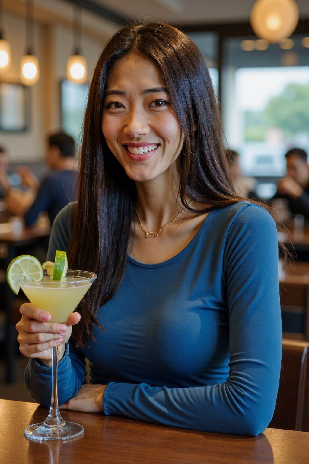 HDR photo of cinematic film still This is a high-resolution photograph taken in a modern,upscale restaurant. The focal point is a young Asian woman with long straight black hair,who is smiling directly at the camera. She is seated at a wooden table and is wearing a form-fitting,long-sleeved blue top that accentuates her slender physique and large breasts. In her right hand,she holds a cocktail garnished with a lime wedge and a slice of cucumber,which adds a pop of color to the image.,In the background,there are several other patrons seated at tables. . shallow depth of field, vignette, highly detailed, high budget, bokeh, cinemascope, moody, epic, gorgeous, film grain, grainy . High dynamic range, vivid, rich details, clear shadows and highlights, realistic, intense, enhanced contrast, highly detailed