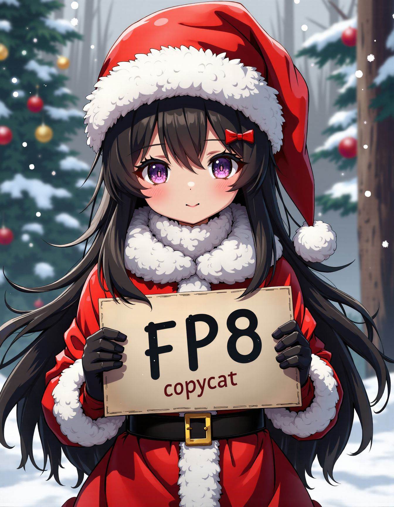1girl clothed santa costume holding sign with "copycat FP8" written,  snowing on Tensor.Art