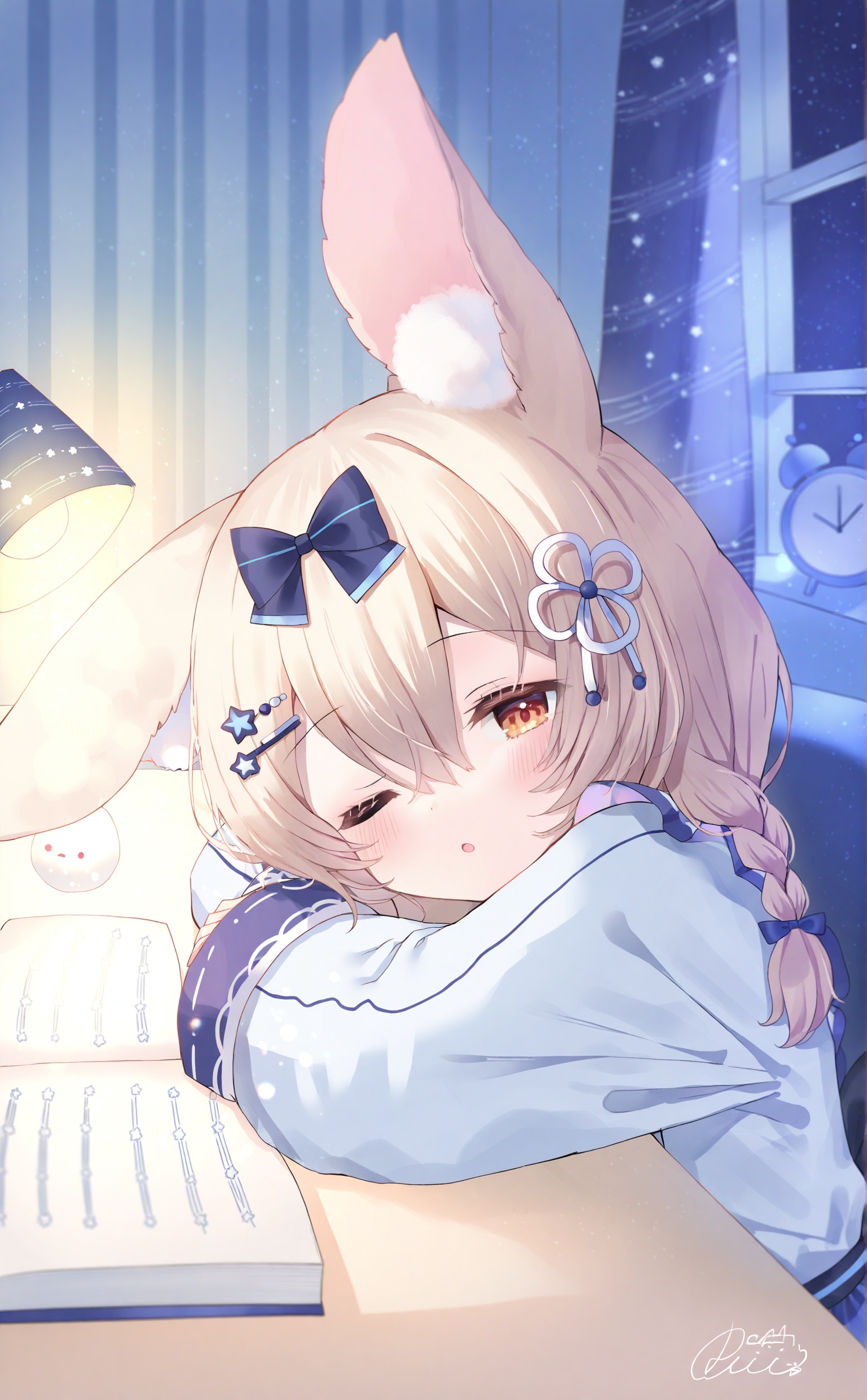 1girl, animal ears, clock, bow, one eye closed, animal ear fluff, braid, book, hair bow, solo, long sleeves, blue bow, hair between eyes, window, open book, hair ornament, wall clock, red eyes, shirt, parted lips, indoors, lamp, looking at viewer, curtains, sleeves past wrists, long hair, white shirt, blonde hair, hairclip, night, light brown hair, ;o, blush, desk lamp, alarm clock, signature, sleepy, virtual youtuber, desk, star (symbol), brown eyes, twin braids, upper body, blue shirt, rabbit ears, black bow, <lora:rucaco-000038:1>