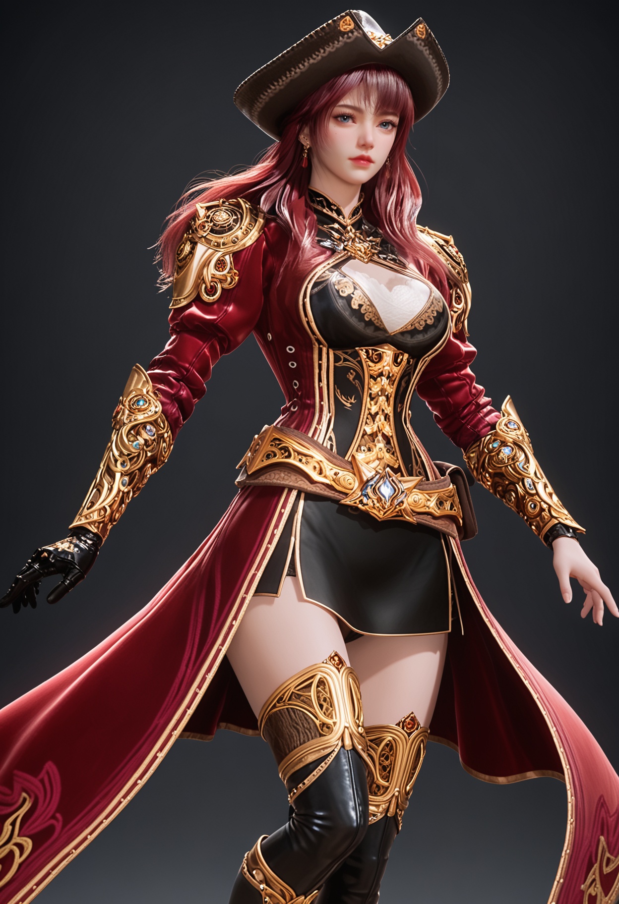 (upper_body:1.2),score_9,score_8_up,masterpiece,(best quality),intricate details,facing viewer,(looking at viewer:1.1),<lora:YQ_pony_menghongchen_V4:0.8>,q1528437228,solo,1girl,hat,long hair,red hair,boots,thighhighs,blue eyes,gloves,thigh boots,skirt,armor,pink hair,jewelry,belt,brown hair,pirate hat,earrings,coat,high heels,red coat,black gloves,grey eyes,dress,miniskirt,black eyes,black footwear,high heel boots,black headwear,long sleeves,single glove,BREAKscore_9,score_8_up,masterpiece,(best quality),perfect anatomy,(hourglass),perfect face,(simple background,pure black background,black background:1.1),fair_skin,shiny_skin,Ivory_skin,