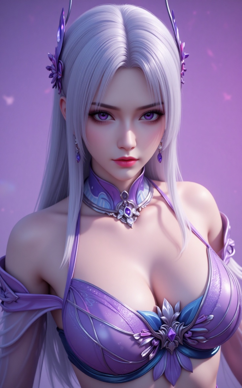 xiaoyixian,lvjing,white hair,long hair,purple eyes,jewelry,hair_ornament,1girl,breasts,solo,jewelry,earrings,looking at viewer,upper body,choker,cleavage,large breasts,swimsuit,collarbone,gradient,bare shoulders,blue choker,bikini,cover,simple background,gradient_background,Close-up details,outstanding style,adding a touch of dimension to your images without compromising details,close-up,